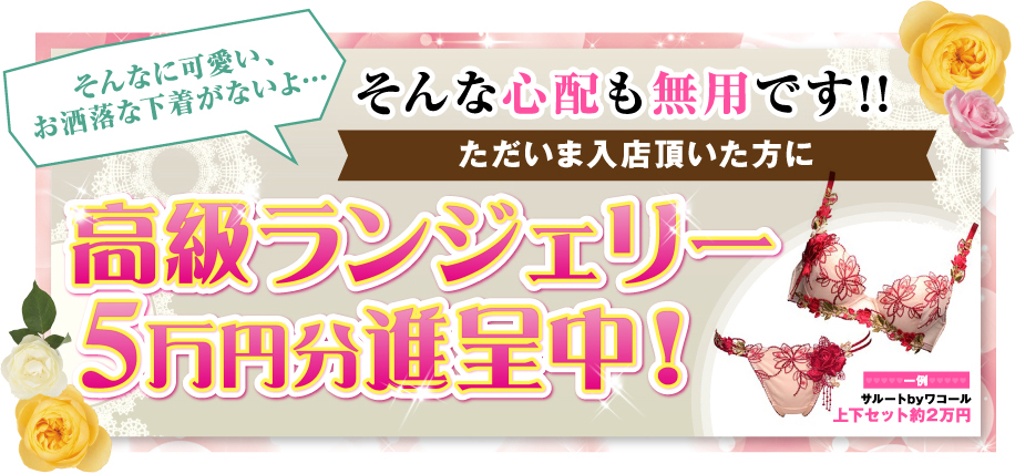 そんなに可愛い、お洒落な下着がないよ… そんな心配も無用です!! ただいま入店頂いた方に 高級ランジェリー5万円分進呈中！ 5万円分進呈中！ サルートbyワコール上下セット約2万円