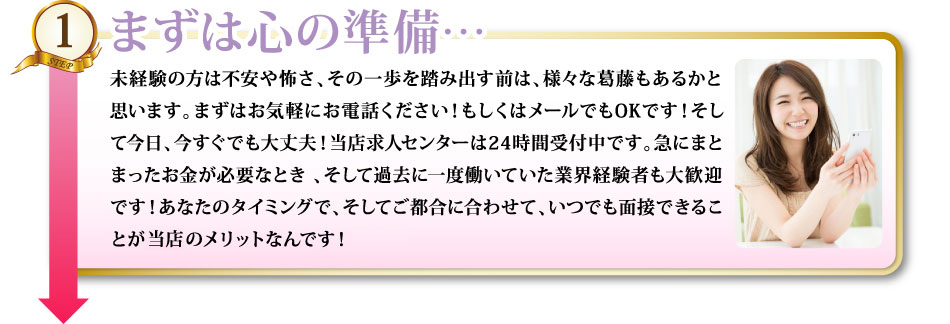 1まずは心の準備…未経験の方は不安や怖さ、その一歩を踏み出す前は、様々な葛藤もあるかと思います。まずはお気軽にお電話ください！もしくはメールでもOKです！そして今日、今すぐでも大丈夫！当店求人センターは24時間受付中です。急にまとまったお金が必要なとき 、そして過去に一度働いていた業界経験者も大歓迎です！あなたのタイミングで、そしてご都合に合わせて、いつでも面接できることが当のメリットなんです！